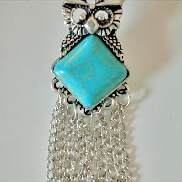 Turquoise and Silver Owl Earrings - Picture 2 of 4